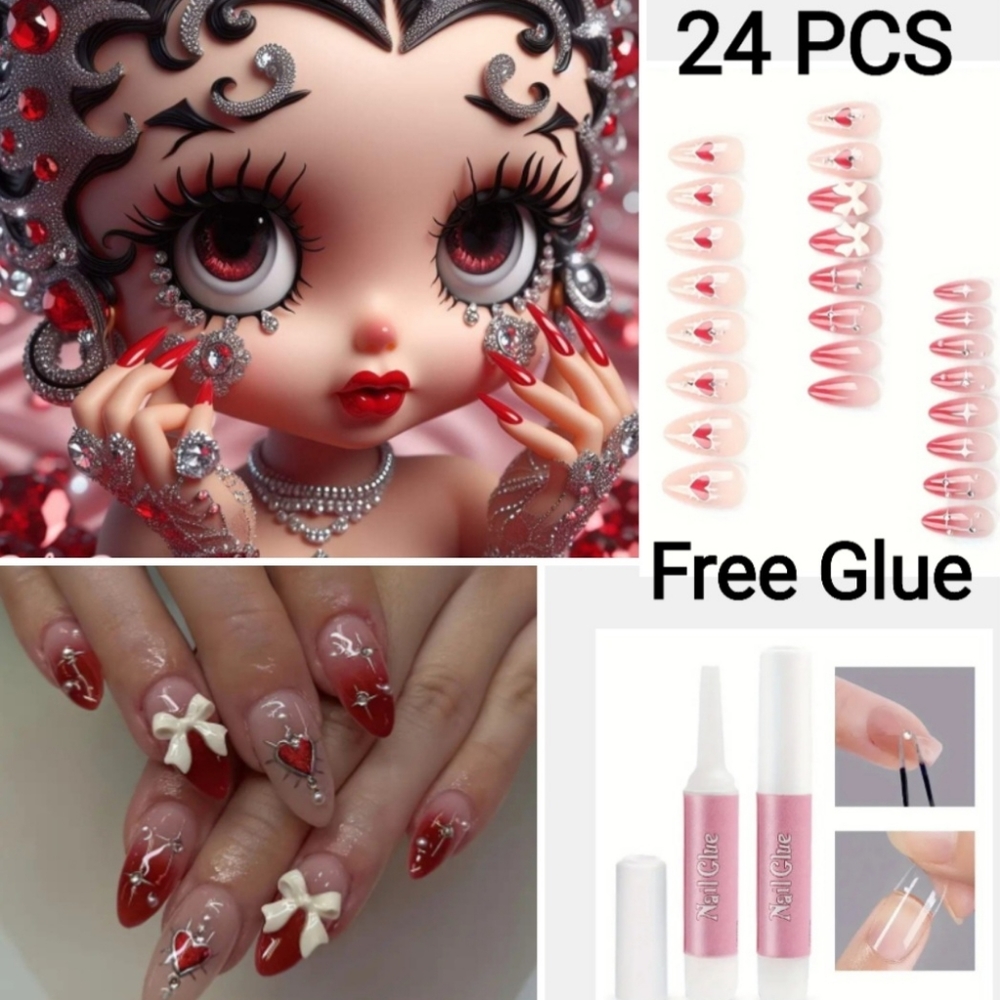 Valentine's Day Red Gradient Press-On Fake Nails with Heart, 3D Bow/Medium